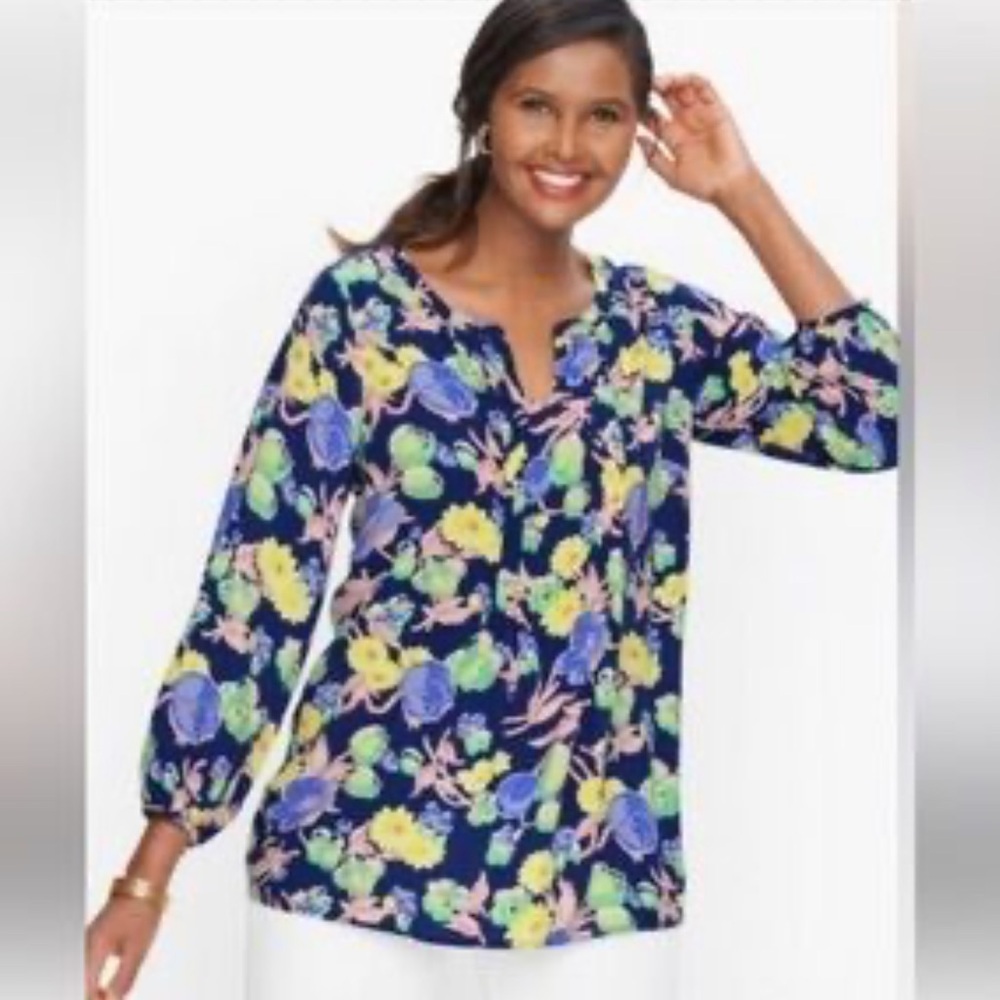 Talbots Navy Floral Top with Pink and Yellow Accents